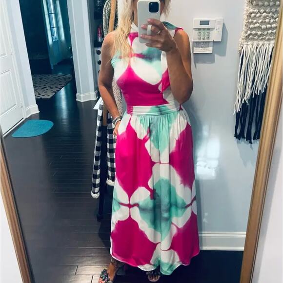 Busayo Tie Dye Halter Maxi Dress SMALL Wedding Guest Vacation Pink Designer $415 - Picture 5 of 14